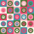 Vector seamless pattern with cat or dog footprints. Cute colorful paws. Animal concept. Foot steps. Veterinary. Vector Royalty Free Stock Photo
