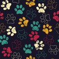 Vector seamless pattern with cat or dog footprints. Cute colorful paws. Animal concept. Foot steps. Veterinary Royalty Free Stock Photo