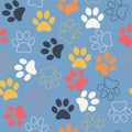 Vector seamless pattern with cat or dog footprints. Cute colorful paws. Animal concept. Foot steps. Veterinary Royalty Free Stock Photo