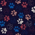 Vector seamless pattern with cat or dog footprints. Cute colorful paws. Animal concept. Foot steps. Veterinary Royalty Free Stock Photo