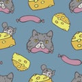 Vector seamless pattern with cat and mouse faces with food in their mouthes.