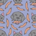 Vector seamless pattern with cats and dogs faces with sausages in their mouthes.