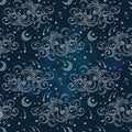 Vector seamless pattern with celestial bodies - moons, stars and clouds. Boho chic print hand drawn textile design