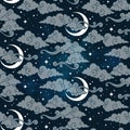 Vector seamless pattern with celestial bodies - moons, stars and clouds. Pastel hand drawn textile or wrapping design Royalty Free Stock Photo