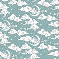 Vector seamless pattern with celestial bodies - moons, stars and clouds. Pastel hand drawn textile or wrapping design Royalty Free Stock Photo