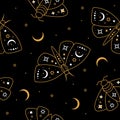 Vector seamless pattern. Celestial gold outline butterfly and moon with stars