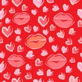 Vector Seamless Pattern with chalk drawn Red Lipstick Printing. Repeating heart and lips prints. Repeated background. Beauty Royalty Free Stock Photo