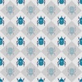 Vector seamless pattern with checkerboard retro beetle. Elegant geometric print with beetles on a white background.