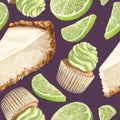 Vector of seamless pattern cheesecake, scattered limes pieces, crumbly gentle wet biscuit cupcakes, stunning cream soft