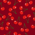 Vector seamless pattern of cherry berries. Repeatable hand drew color red summer berry illustration.