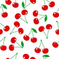 Vector seamless pattern of cherry berries on a white background. Repeatable hand drew color red summer berry illustration.