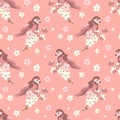 Vector Seamless Pattern With Cherry Blossom Branches And Cute Birds.