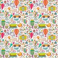 Vector seamless pattern, childish doodles. Pattern ,set of different school, travel, romantic things. Enjoy life concept. Use for