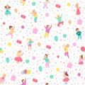 Vector seamless pattern for children birthday party. Flat hand drawn style. Happy kid characters, balloons, gift boxes, confetti i Royalty Free Stock Photo