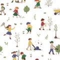 Vector seamless pattern with children doing garden work. Spring repeat background with kids and gardening tools. Texture with