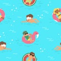 Vector seamless pattern with children on inflatable rings. Repeating background with kids floating on the funny rubber circles.