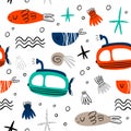 Vector seamless pattern for children`s design. Scandinavian, Doodle style. Submarine, ocean, animals and plants.