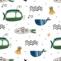 Vector seamless pattern for children`s design. Scandinavian, Doodle style. Submarine, ocean, animals and plants.