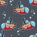 Vector seamless pattern for children`s design, submarine with cute sailor under sea. Cute Marine pattern for fabric, baby clothes