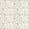 Seamless pattern childrens drawings on space theme, science and the appearance of life on earth, Doodle style