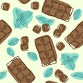 Vector seamless pattern with chocolate and mint flavor. Food background. Hand drawn illustration.