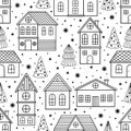 Vector Seamless pattern for Christmas cards with hand drawn winter tree, house and texture. Royalty Free Stock Photo
