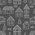 Vector Seamless pattern for Christmas cards with hand drawn winter tree, house and texture. Royalty Free Stock Photo