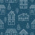 Vector Seamless pattern for Christmas cards with hand drawn winter tree, house and texture. Royalty Free Stock Photo