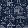 Vector Seamless pattern for Christmas cards with hand drawn winter tree, house and texture. Royalty Free Stock Photo