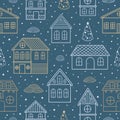 Vector Seamless pattern for Christmas cards with hand drawn winter tree, house and texture. Royalty Free Stock Photo