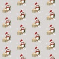 Vector seamless pattern with Christmas or Happy New Year little cute bear sitting on a gift box with noel tree.