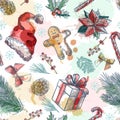 Vector seamless pattern with Christmas and New Year decor. Sketch hand drawn watercolor illustration. Holiday background Royalty Free Stock Photo