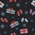 A Christmas seamless pattern with mittens, gifts and snowflakes on a black background, vector stock illustration for printing Royalty Free Stock Photo