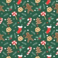 Vector seamless pattern on a christmas theme with hand drawn ginger cookies, socks, snowflakes, spruce branches, sweets, holly lea Royalty Free Stock Photo