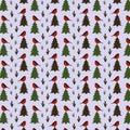 Vector seamless pattern with christmas tree, bullfinch and snowflakes on grey background. For fabric, prints.