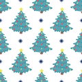 Vector seamless pattern of a Christmas tree with red balloons and a bright yellow star on top on a white background with Royalty Free Stock Photo