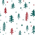 Vector seamless pattern Christmas trees pattern. Red and green doodle trees and snowflakes on white. Scandinavian