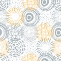 Vector seamless pattern. Circle texture with doodle and scribble shaps. Hand drawn shapes. Gray and yellow.