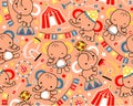 Vector seamless pattern of circus cartoon animals with elephants, circus elements Royalty Free Stock Photo