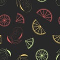 Vector seamless pattern of citrus slices on a black background. For printing on fabrics, packaging, various backgrounds. Royalty Free Stock Photo