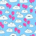 Vector seamless pattern with clouds and pink air balloon. Happy spring clouds fly