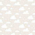 Vector seamless pattern with clouds, stars and drops of rain on a light background.