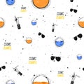 Vector seamless pattern with cocktail, glasses, sand, sea and text cosmic summer