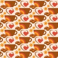 Vector seamless pattern with coffee cup, beans, hearts and flowers Royalty Free Stock Photo