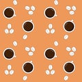 Vector seamless pattern with coffee mugs and coffee beans on an orange background. Royalty Free Stock Photo