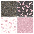 Vector seamless pattern collection. Feather and diamonds,gems,crystals. Stylish,trendy,fashionn pattern set.