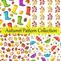 Vector seamless pattern collection,set. Autumn design. Colorful, cute,nice prints. Boots,umbrellas,foliage texture.