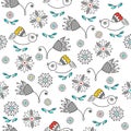 Vector seamless pattern, color drawings of birds, flowers, line art. Embroidery, ornament for background