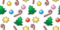 Vector seamless pattern of color festive symbols: figures of Christmas trees, candy canes, xmas balls, decorations