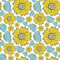 Vector seamless pattern of color flowers may lily and sunflowers in Scandinavian style hand drawn on a white background. Use for b Royalty Free Stock Photo